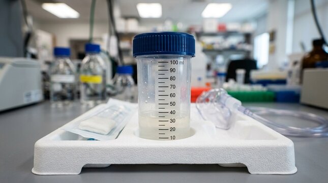 Sputum induction collection container with a screw cap and a volume graduation on a respiratory research tray.