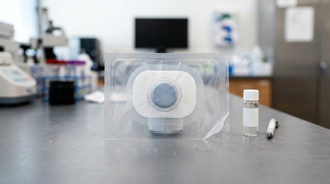 Sweat patch collection device in sealed packaging for a pharmacokinetic absorption study on a clinical research desk.