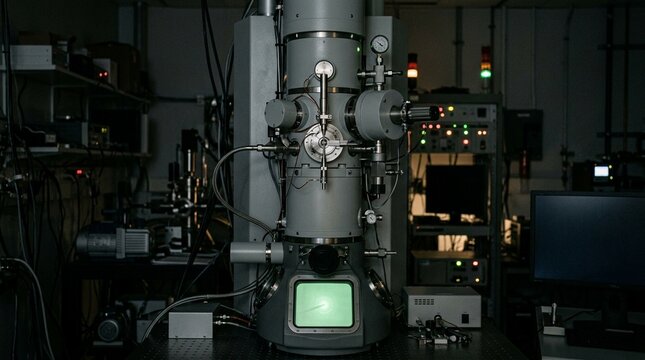 Transmission electron microscope column with a specimen holder and a fluorescent screen in an ultrastructural research lab.