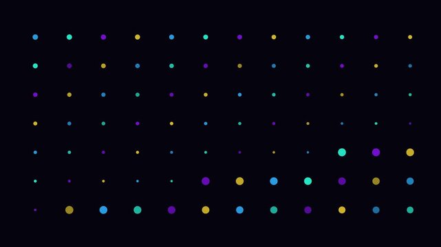 A dark background features a grid of glowing, colorful dots in various sizes and soft hues of blue, purple, and yellow.