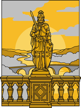 Medieval Knight Statue Holding Sword and Shield on Castle Pedestal with Dramatic Sunset Background armor hero warrior golden vector illustration