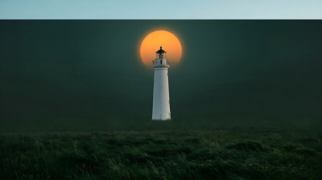 Minimalist lighthouse standing in a dark grassy field at sunset with a large orange sun glowing in a foggy sky