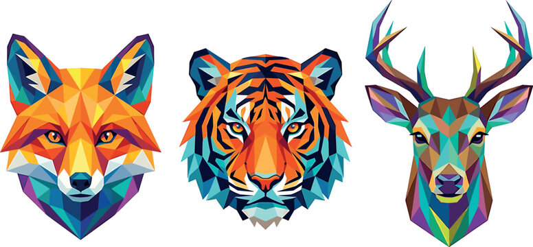 Geometric low poly animal heads set featuring colorful fox tiger and deer portraits for creative design vector illustration