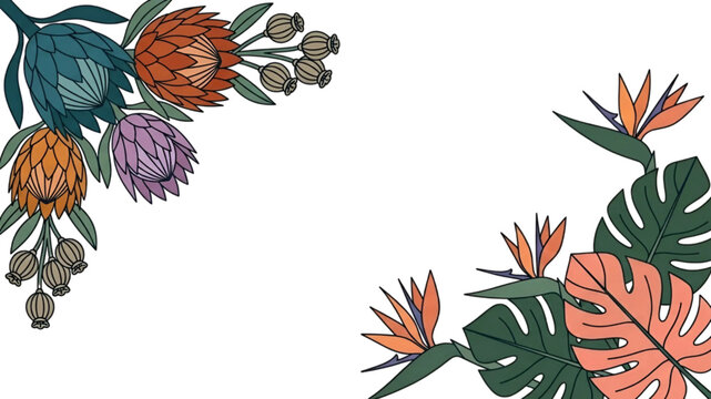 Tropical floral border with proteas and monstera on white background