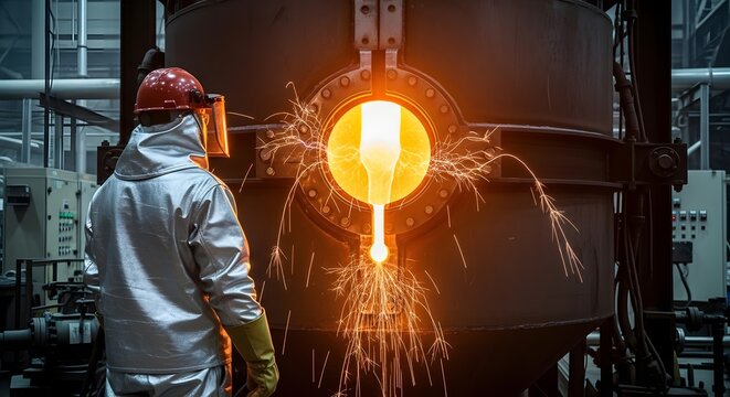 Molten Metal Pouring in Industrial Foundry with Worker in Protective Gear.