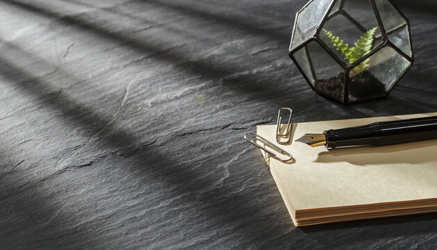 Elegant black fountain pen resting on a cream notepad with paper clips on a dark slate desk with dramatic morning sunlight and long window shadows, minimalist professional workspace.