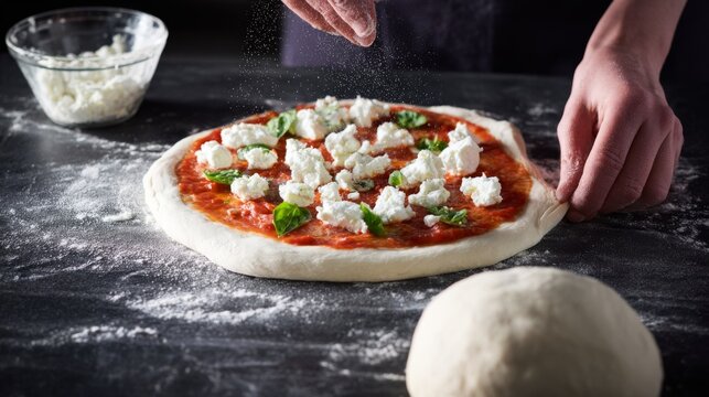 Fresh pizza preparation with tomato sauce, mozzarella, basil and handmade dough on flour dusted countertop, chef shaping crust by hand during traditional Italian restaurant cooking process.