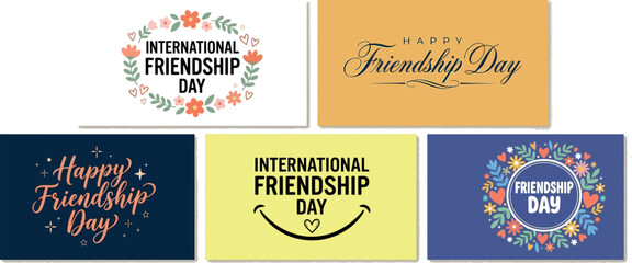 Obraz premium International Friendship Day Elegant Typography Design Bundle with Floral Circle Bold Text Copper Calligraphy Script Star Smile and Botanical Badge for Greeting Card Social Media 