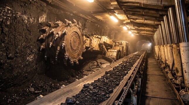 Large coal mining machine operates on train tracks in a dimly lit underground tunnel