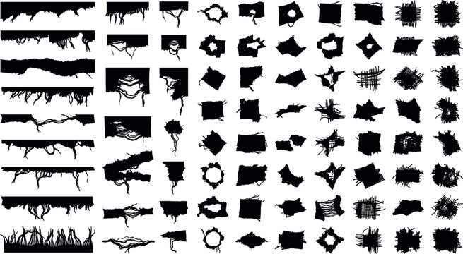 Collection of torn fabric silhouettes ripped cloth edges frayed burlap textures and hole damage effects isolated on white background vector elements.
