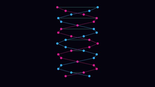 A colorful, abstract representation of a DNA double helix structure composed of interconnected pink and blue dots against a dark background.