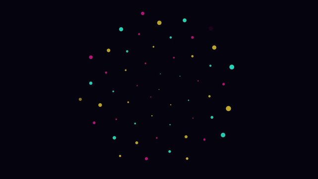 A vibrant and colorful abstract pattern composed of scattered dots in yellow, pink, and teal against a dark, mysterious background.