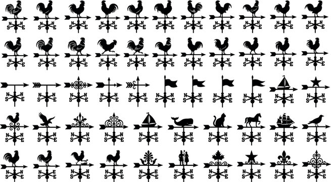 Collection of vintage weather vane silhouettes rooster wind indicators and traditional arrow direction symbols isolated on white background.