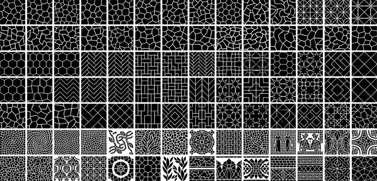 Collection of geometric floor tile patterns mosaic paving textures and architectural masonry linework swatches isolated on black squares background.