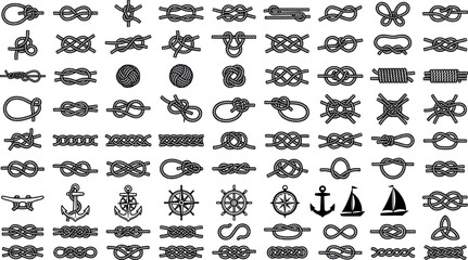Collection of nautical rope knot silhouettes marine anchor icons steering wheels and sailboat emblems isolated on white background vector illustration. © AFSANA AKTER