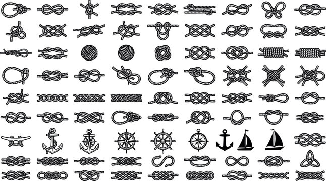 Collection of nautical rope knot silhouettes marine anchor icons steering wheels and sailboat emblems isolated on white background vector illustration.