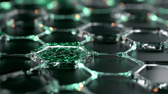 Futuristic blockchain ecosystem built from transparent hexagonal glass nodes connected by luminous AI neural pathways