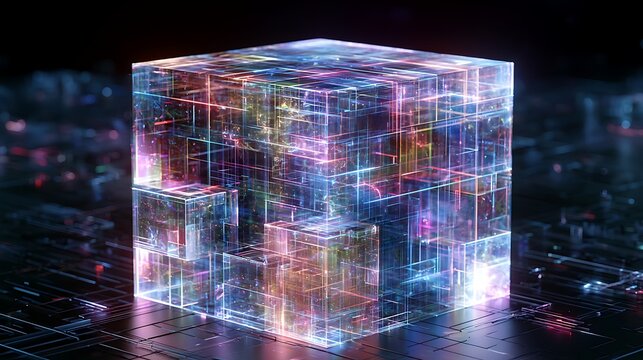 Massive hypercube structure composed of transparent holographic blockchain cubes, artificial intelligence neural grid,