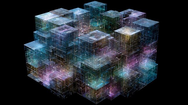 Massive hypercube structure composed of transparent holographic blockchain cubes, artificial intelligence neural grid,