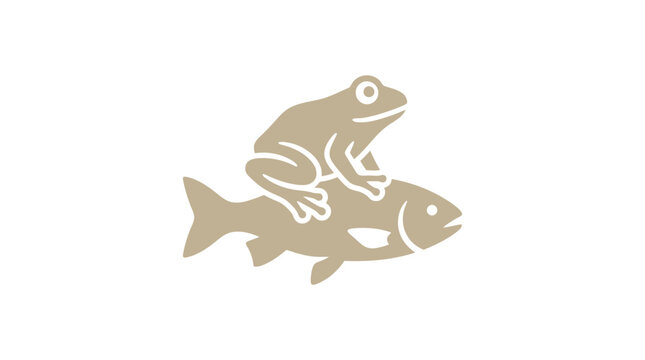 Minimalist beige frog riding fish silhouette logo icon.