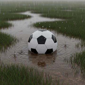 Rainy Day Soccer Ball in Puddle on Grassy Field
