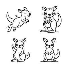 Four cute kangaroo line art illustrations in various poses