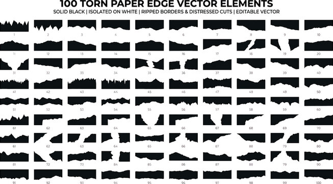 Premium collection of one hundred torn paper edge vector elements ripped borders and distressed cuts solid black shapes isolated on white background.