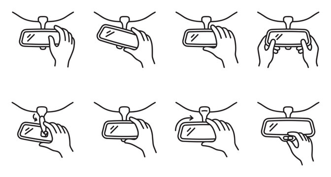 Car rear view mirror adjustment with hand instructions for driving safety.