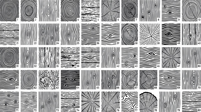 Collection of wood grain textures vector woodcut patterns tree ring cross sections and linocut plank boards isolated on white background.