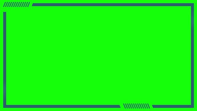 Green screen panel is enclosed within a dark geometric frame featuring stylized corner accents and striped detailing for a professional broadcast layout.