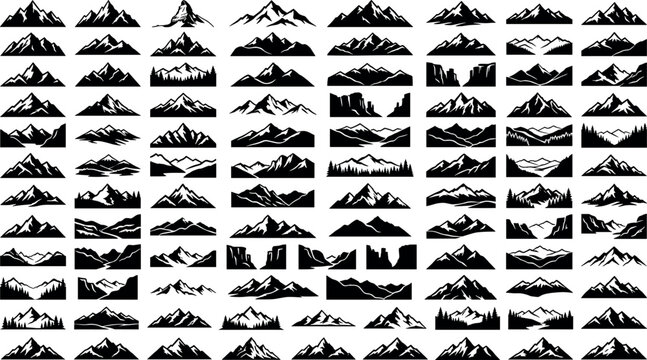 Comprehensive mega bundle of mountain silhouettes outdoor adventure landscape graphics and wild nature icons isolated on white background vector templates.