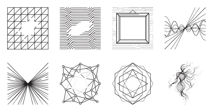 Geometric patterns forming abstract shapes with negative space and lines.