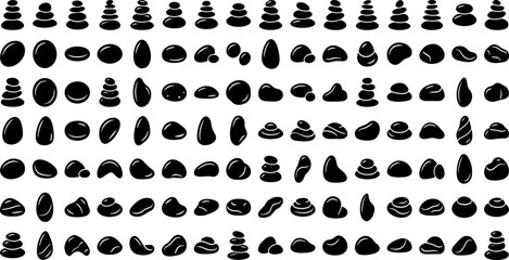 Large collection of black zen stone silhouettes stacked pebble towers and smooth river rocks isolated on white background vector design elements. © AFSANA AKTER
