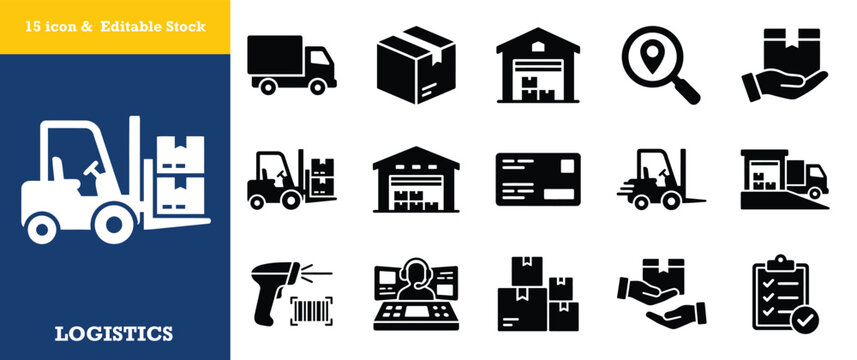 Warehouse storage and material handling equipment vector icon set for logistics business.