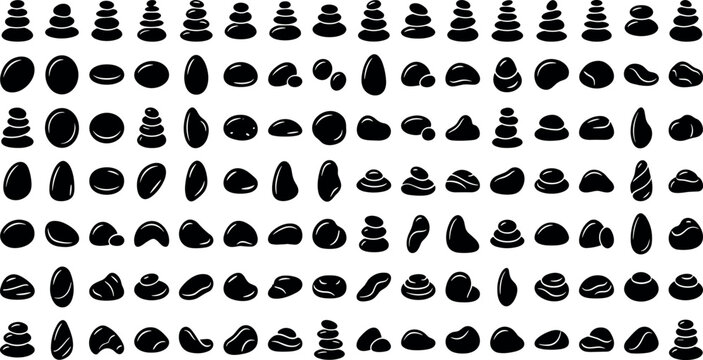 Large collection of black zen stone silhouettes stacked pebble towers and smooth river rocks isolated on white background vector design elements.