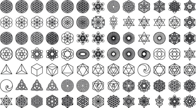 Large collection of sacred geometry icons mystical line art patterns mandalas and esoteric spiritual symbols isolated on white background vector elements.