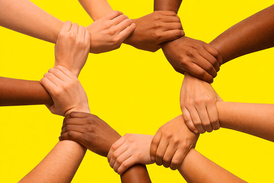 A symbolic illustration of diverse hands interlocking to form a circle of unity against a bright background. The design represents teamwork, solidarity, diversity, and empowerment, making it ideal for