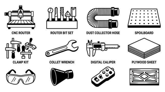 Technical tools blueprint illustration including cnc router, router bit set, dust collector hose, spoiler board, clamp kit, collet wrench, digital caliper, plywood sheet for woodworking