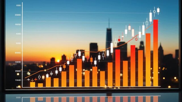 Rising Financial Bar Chart and Candlestick Graph Over City Skyline at Sunset, 4K