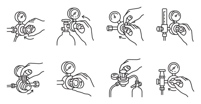 Oxygen regulator setup instructions, pressure gauge and flow meter operation.