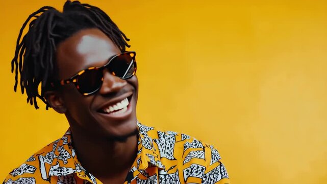 Cheerful young african american man with dreadlocks laughing and wearing stylish sunglasses against a vibrant yellow background, expressing genuine joy and happiness