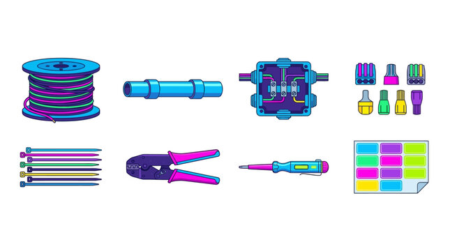 Electronics Installation Tools and Accessories Kit for Wiring, Soldering, and Electrical Repairs, including connectors, wire spool, crimping tool, and multi-color labels
