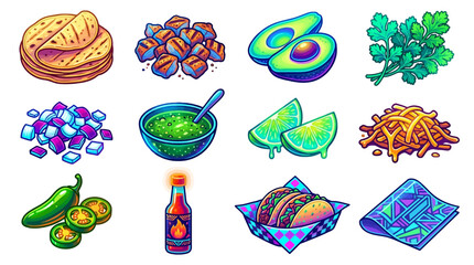 Obraz premium Colorful Mexican Food Illustrations including tacos, guacamole, jalapenos, cilantro, salsa, and tortilla chips for vibrant culinary presentation and digital art projects