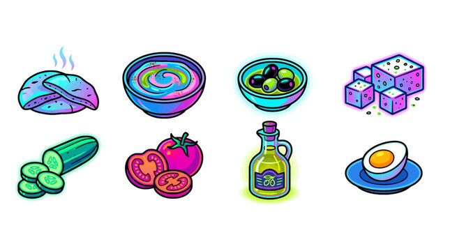 Colorful illustrated food items including vegetables, fruits, condiments, and a fried egg, suitable for healthy eating, cooking, or nutrition themes.