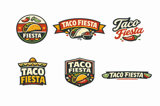 Taco fiesta logo set featuring mexican food, chili peppers, sombreros, and limes for restaurant branding