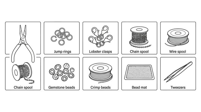crafting tools for jewelry making, including pliers, jump rings, lobster clasps, chain spool, wire spool, gemstone beads, crimp beads, bead mat, and tweezers for DIY accessories