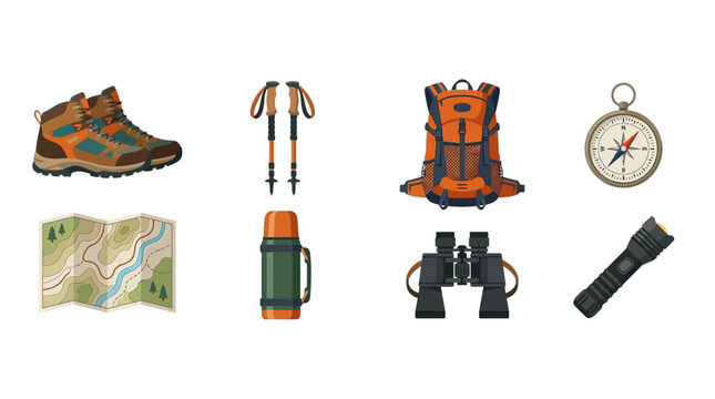 Outdoor hiking gear set including boots backpack map water bottle binoculars flashlight thermos and trekking poles for adventure travel and exploration