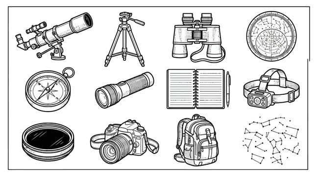 Collection of outdoor exploration equipment including telescope, binoculars, camera, compass, backpack, notebook, and star maps for adventure and nature enthusiasts