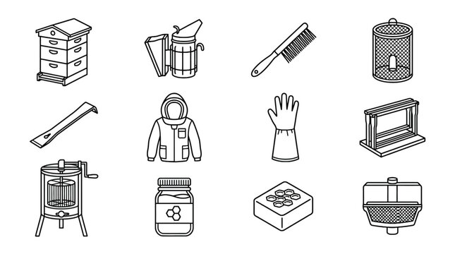 Set of cleaning and household tools: vacuum, broom, mop, dustbin, gloves, spray bottle, comb, detergent, and storage shelves, black outline icons, home maintenance equipment