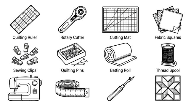 Sewing and quilting supplies collection: ruler, rotary cutter, cutting mat, fabric squares, clips, pins, batting roll, thread spool, sewing machine, scissors, quilt pattern